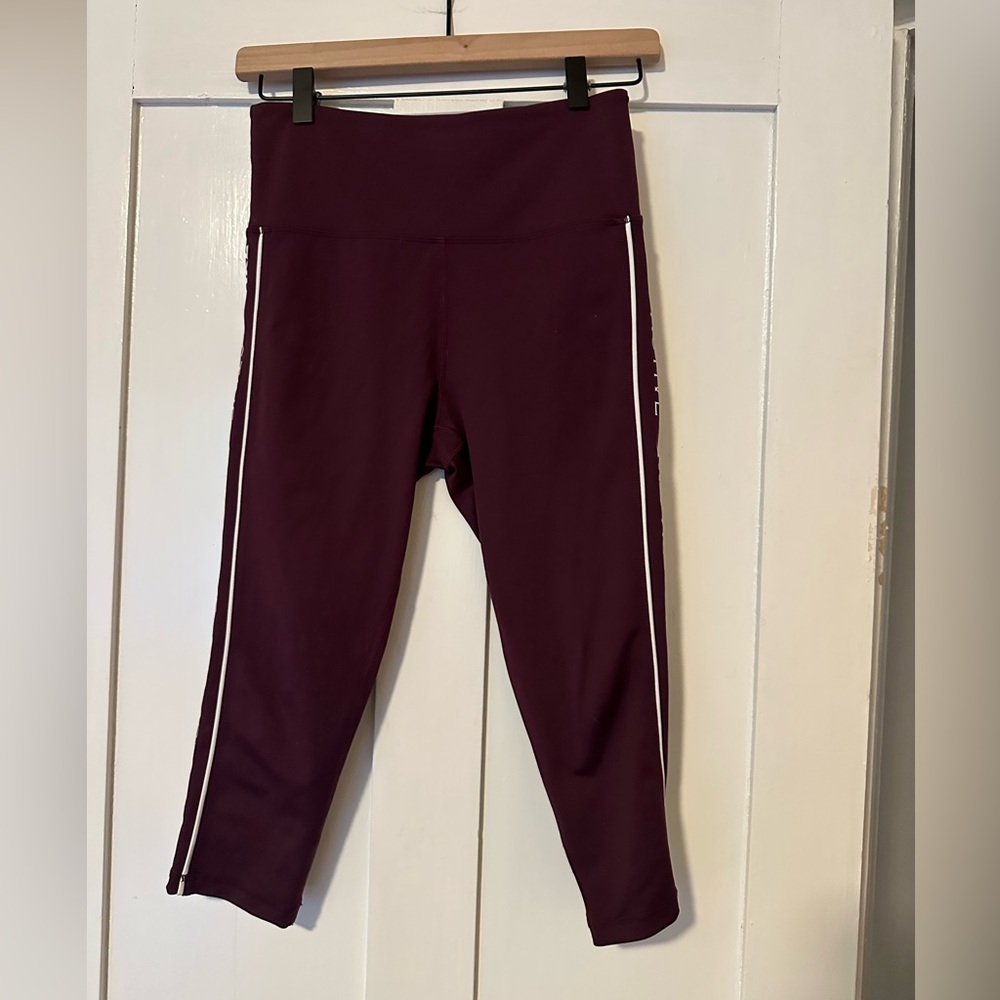 Zyia Active Plum Purple  Logo Stripe Light n Tight High-Rise Capri Leggings